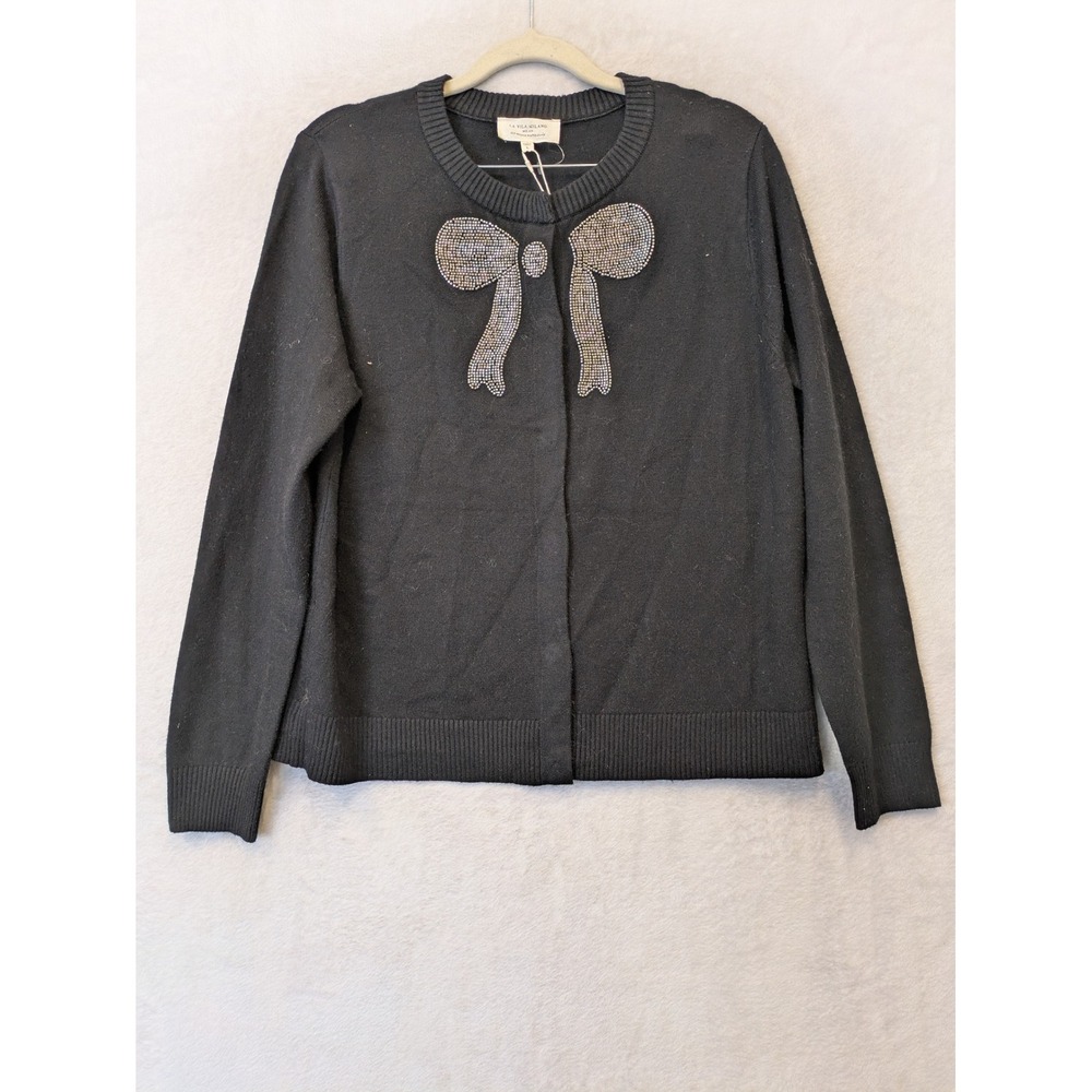 La Vila Milano Black Beaded‎ Bow Cardigan Sweater Womens Large NWT